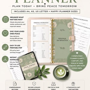 May include: A digital final wishes planner template featuring sage green floral covers, gold ring binders, and printable pages for personal, medical, and bank information. Includes A4, A5, US letter, and Happy Planner sizes for instant download.
