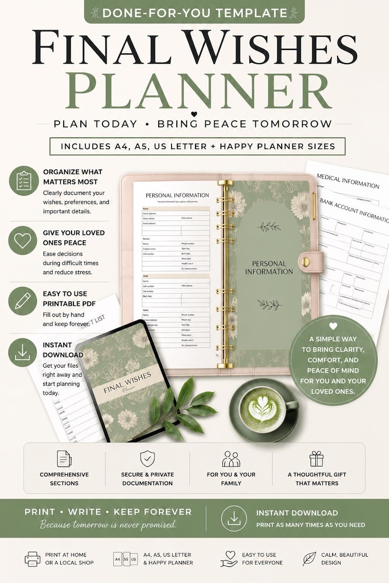 May include: A digital final wishes planner template featuring sage green floral covers, gold ring binders, and printable pages for personal, medical, and bank information. Includes A4, A5, US letter, and Happy Planner sizes for instant download.