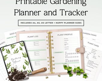 May include: A printable gardening planner and tracker featuring a light pink binder with gold rings, open to pages titled Plant Log and Plant Profile. Includes sheets for seed inventory, garden tasks, and plant cards, plus a small metal garden trowel.