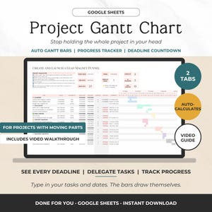 Può includere: Un modello digitale di diagramma di Gantt per Google Sheets con elenco attività, monitoraggio dei progressi e conto alla rovescia. L'interfaccia mostra obiettivi, date di inizio e fine e barre automatizzate per le tempistiche.