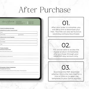 May include: A digital document template titled After Purchase featuring a form for vendor and coordination information, timeline, and deadlines. Three numbered boxes explain the download process, stating files are accessible via Etsy.