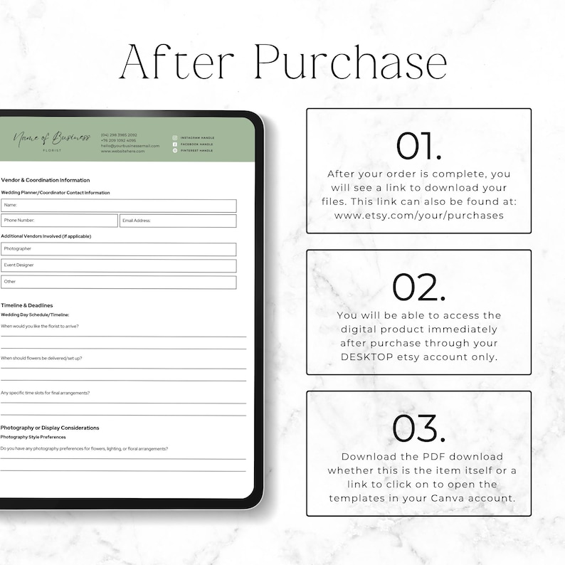 May include: A digital document template titled After Purchase featuring a form for vendor and coordination information, timeline, and deadlines. Three numbered boxes explain the download process, stating files are accessible via Etsy.
