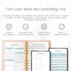 author productivity planner with word count and progress tracking
novel planning workbook with story structure and brainstorming pages