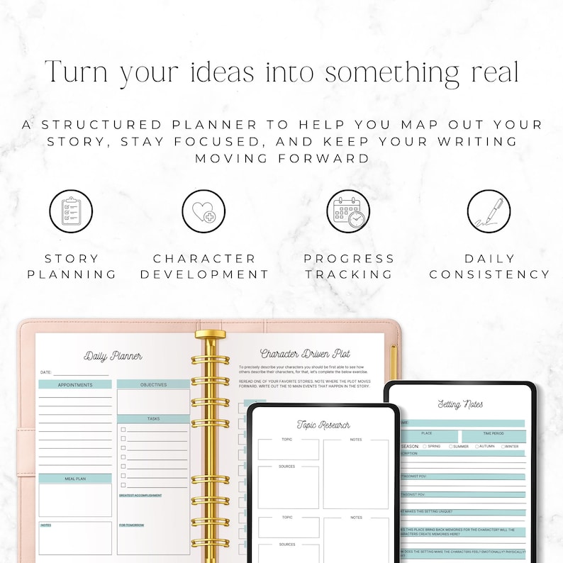 author productivity planner with word count and progress tracking
novel planning workbook with story structure and brainstorming pages