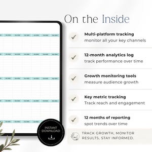May include: A digital planner displayed on a tablet, featuring a grid layout with light blue headers. The text "On the Inside" is at the top, with bullet points detailing multi-platform tracking, analytics, and growth monitoring. An "Instant Download" button is visible.