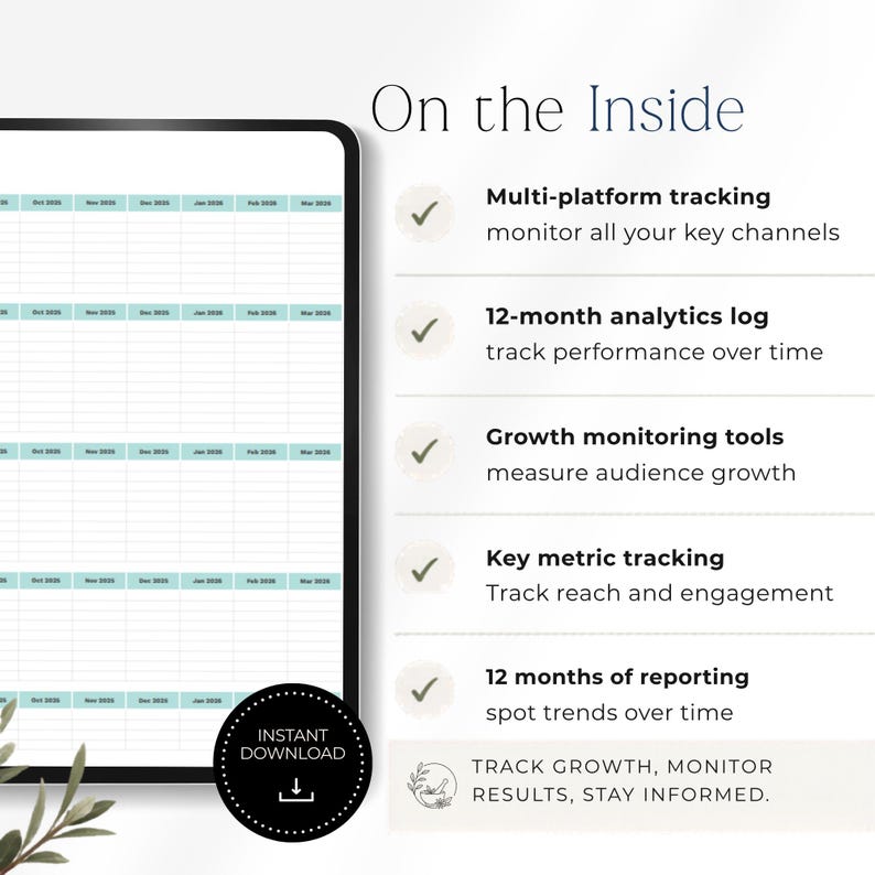 May include: A digital planner displayed on a tablet, featuring a grid layout with light blue headers. The text "On the Inside" is at the top, with bullet points detailing multi-platform tracking, analytics, and growth monitoring. An "Instant Download" button is visible.