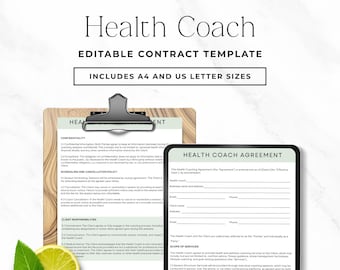 Modello di contratto per health coach, contratto di health coaching modificabile per servizi di mentoring per coach nutrizionisti, guida al download immediato di Canva