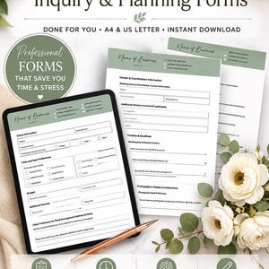 May include: Wedding Florist Inquiry & Planning Forms printed on paper and displayed on a tablet screen. The documents feature sections for client information, color preferences, and budget. A rose gold pen rests on the tablet, surrounded by white flowers.