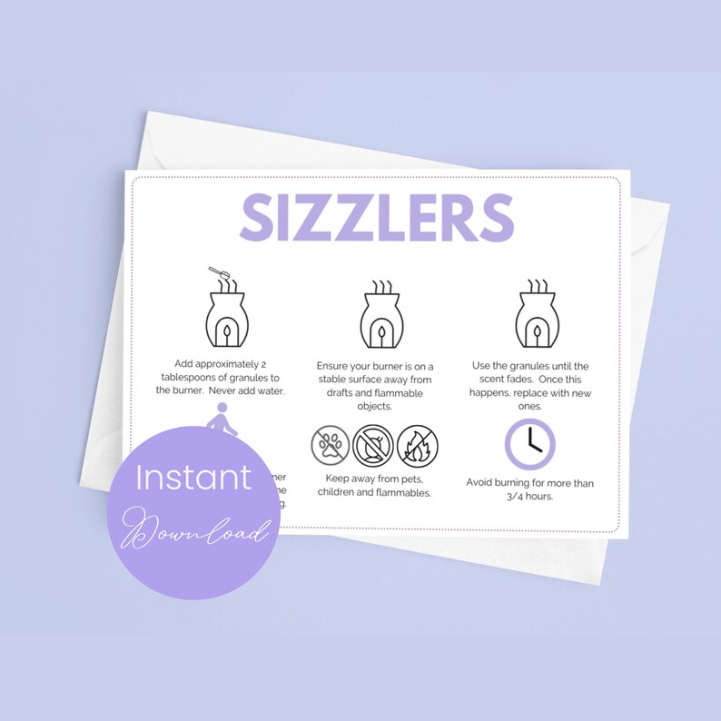 Printable Salt Sizzlers Care Card | Wax Melt & Simmering Granules Safety Guide | Digital Download for Small Business Packaging Sprint 1 image 1