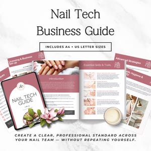 May include: A digital Nail Tech Business Guide with the title on the cover. The guide includes A4 and US letter sizes. The guide is open to a spread with the title "Essential Skills & Traits". A tablet with the guide is on the left, and a candle is on the right.