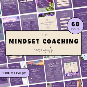 Könnte beinhalten: Eine Collage aus violetten und weißen Social-Media-Grafiken mit dem Text "The Mindset Coaching Carousels" und "68 Posts". Die Grafiken zeigen motivierende Zitate und Tipps, um Selbstvertrauen und Widerstandsfähigkeit aufzubauen. Die Grafiken sind 1080 x 1350 Pixel groß.