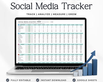 Może przedstawiać: Ekran laptopa wyświetla arkusz kalkulacyjny Social Media Tracker z kolumnami dla analiz Facebooka, Instagrama, YouTube i TikToka. Interfejs zawiera tekst Track, Analyze, Measure, Grow oraz niebieski wykres słupkowy pokazujący wzrost.