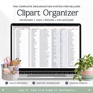 Könnte beinhalten: Eine digitale Clipart-Organizer-Tabelle auf einem Laptop-Bildschirm mit Spalten für Inventar, Tags, Preise und Sammlungen. Neben dem Laptop steht ein Schreibtisch-Organizer in Marmoroptik mit Schreibwaren und einer Topfpflanze.