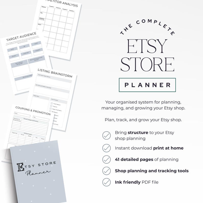 Etsy seller planning workbook for shop organization
Etsy business planner pages for listings and keywords