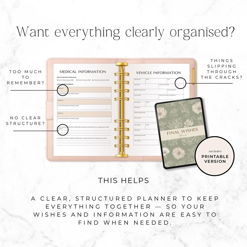 personal information planner printable for accounts and records
life planning organiser printable for important details and wishes