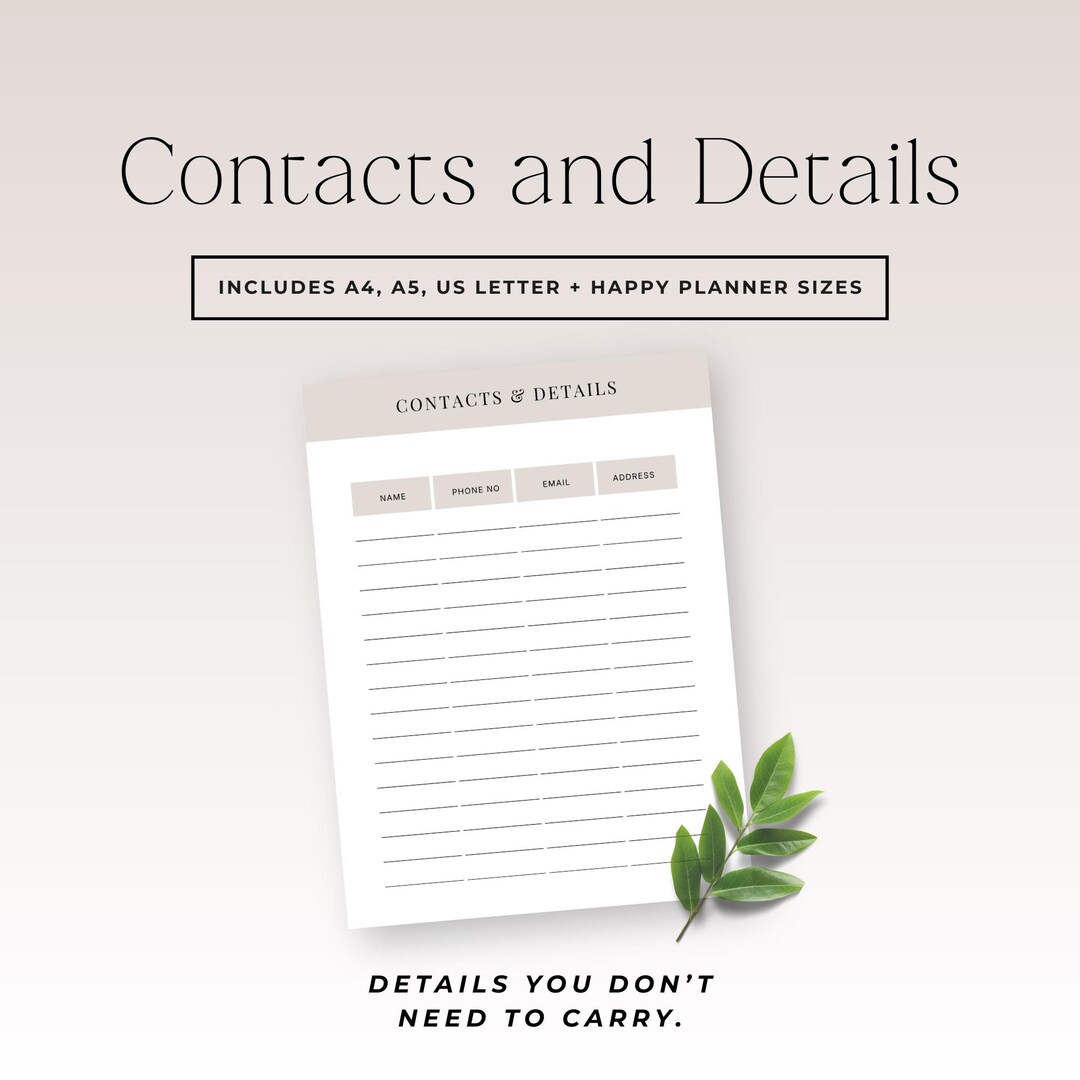Printable Contacts Log for Planner, Minimal Address Book Page, Personal ...
