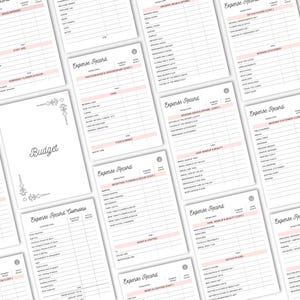 K&ouml;nnte beinhalten: Eine Sammlung wei&szlig;er und rosa Hochzeitsplanungsb&ouml;gen. Die B&ouml;gen enthalten Abschnitte f&uuml;r Budgetierung, Ausgabenaufzeichnungen und verschiedene hochzeitsbezogene Kategorien. Das Wort "Budget" ist auf einem Bogen sichtbar.