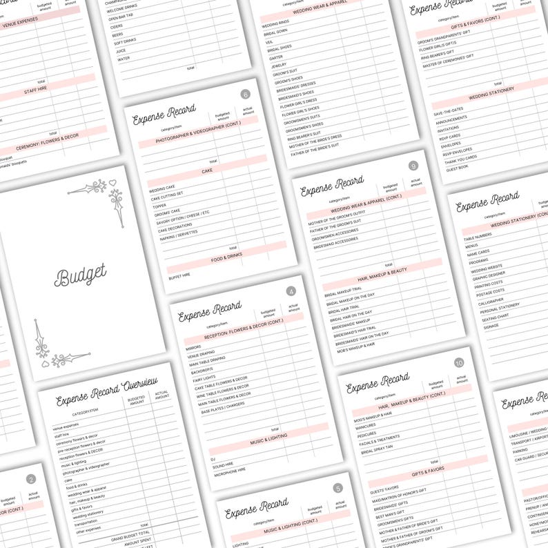 K&ouml;nnte beinhalten: Eine Sammlung wei&szlig;er und rosa Hochzeitsplanungsb&ouml;gen. Die B&ouml;gen enthalten Abschnitte f&uuml;r Budgetierung, Ausgabenaufzeichnungen und verschiedene hochzeitsbezogene Kategorien. Das Wort "Budget" ist auf einem Bogen sichtbar.