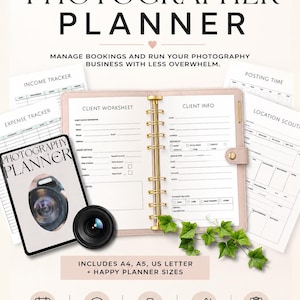 May include: A photographer planner set featuring a blush pink binder with gold rings, client worksheets, income and expense trackers, and location scout forms. Includes text: PHOTOGRAPHER PLANNER, INCLUDES A4, A5, US LETTER + HAPPY PLANNER SIZES.