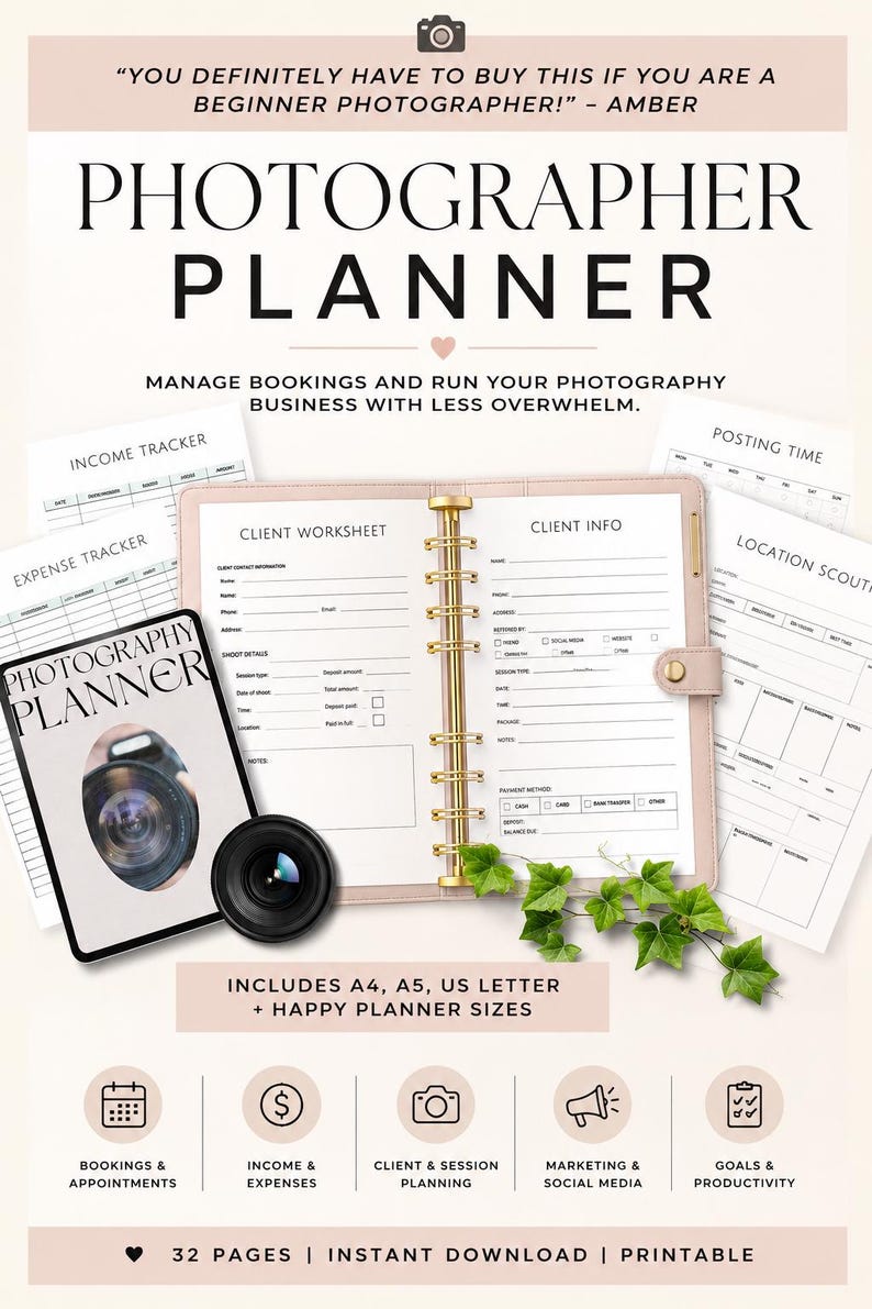 May include: A photographer planner set featuring a blush pink binder with gold rings, client worksheets, income and expense trackers, and location scout forms. Includes text: PHOTOGRAPHER PLANNER, INCLUDES A4, A5, US LETTER + HAPPY PLANNER SIZES.