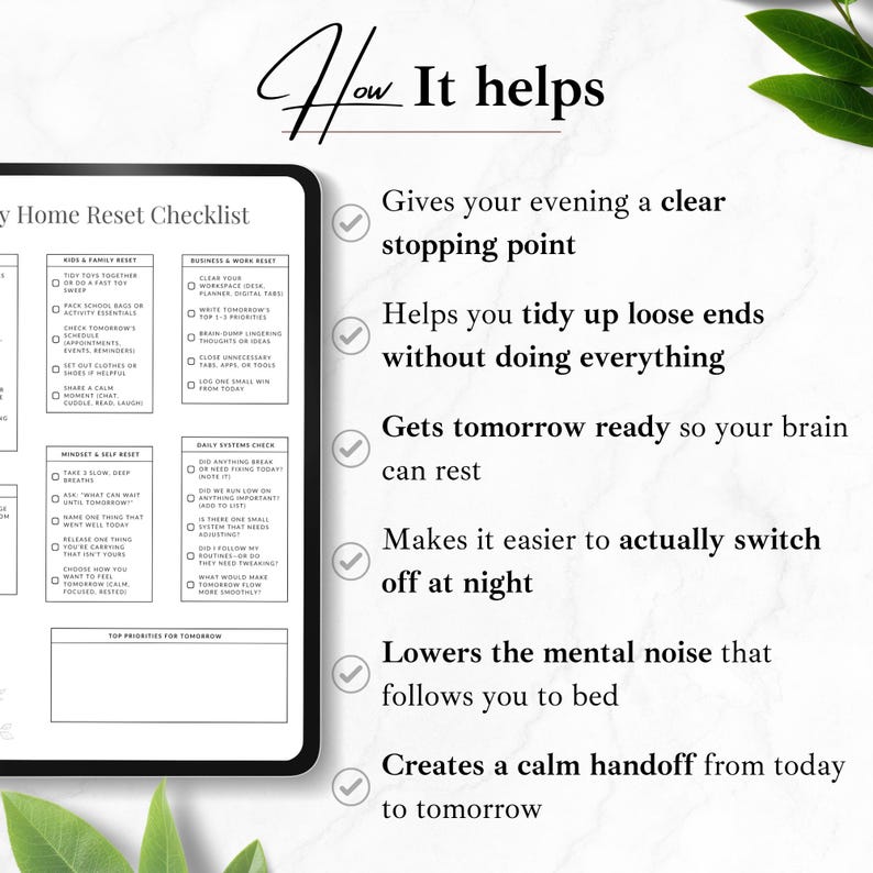 Daily Home Reset Checklist Printable, End of Day Reset Routine for Busy ...