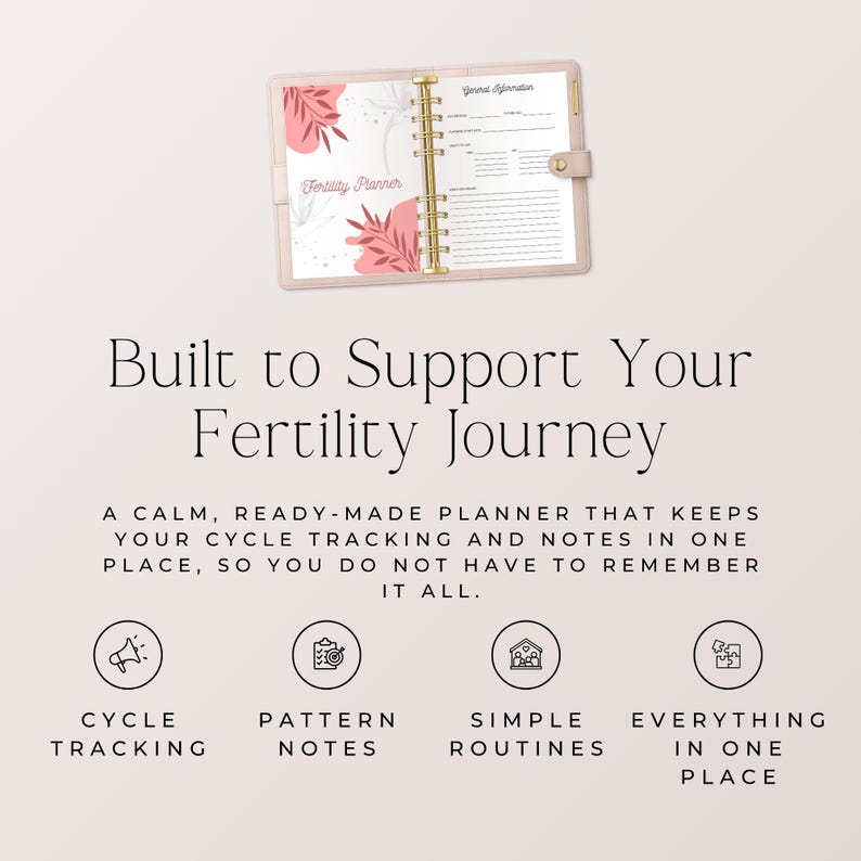 TTC fertility journal with cycle tracking pages

digital fertility planner for ovulation and BBT tracking