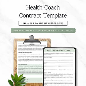 Puede incluir: Un modelo de contrato de Health Coach con el texto "INCLUDES A4 AND US LETTER SIZES". El documento está sujeto por una carpeta negra. También es visible el texto "CLIENT CONTRACT • FULLY EDITABLE • CLIENT READY".
