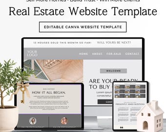 May include: A real estate website template displayed on a computer monitor and tablet screen. The text reads Sell More Homes, Build Trust, Win More Clients, Real Estate Website Template, and Editable Canva Website Template, with house imagery.