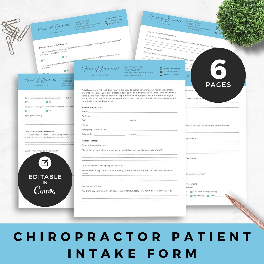 Chiropractor Patient Intake Form Template Chiropractic Business Bundle ...