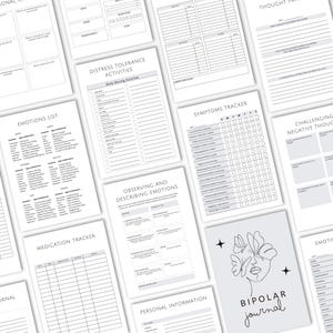 K&ouml;nnte beinhalten: Eine Sammlung druckbarer Seiten f&uuml;r ein psychisches Gesundheitstagebuch, darunter ein Bipolar-Journal-Cover mit einem Strichzeichnungs-Gesicht und Schmetterlingen sowie Tracker f&uuml;r Symptome, Medikamente, Aktivit&auml;ten zur Stressbew&auml;ltigung und Emotionen.