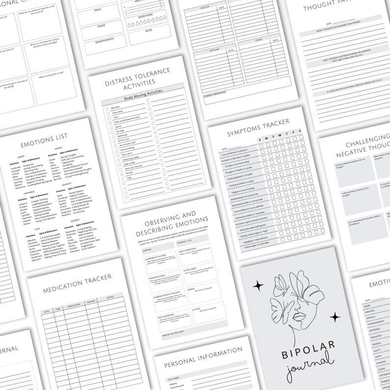 K&ouml;nnte beinhalten: Eine Sammlung druckbarer Seiten f&uuml;r ein psychisches Gesundheitstagebuch, darunter ein Bipolar-Journal-Cover mit einem Strichzeichnungs-Gesicht und Schmetterlingen sowie Tracker f&uuml;r Symptome, Medikamente, Aktivit&auml;ten zur Stressbew&auml;ltigung und Emotionen.