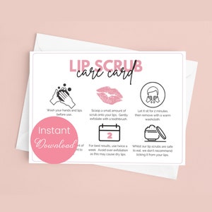 Afdrukbare kaart voor lipscrubverzorging | Instructies voor exfoliërende lippenbalsem | Instructiekaart lipverzorging | Bijsluiter voor kleine bedrijven