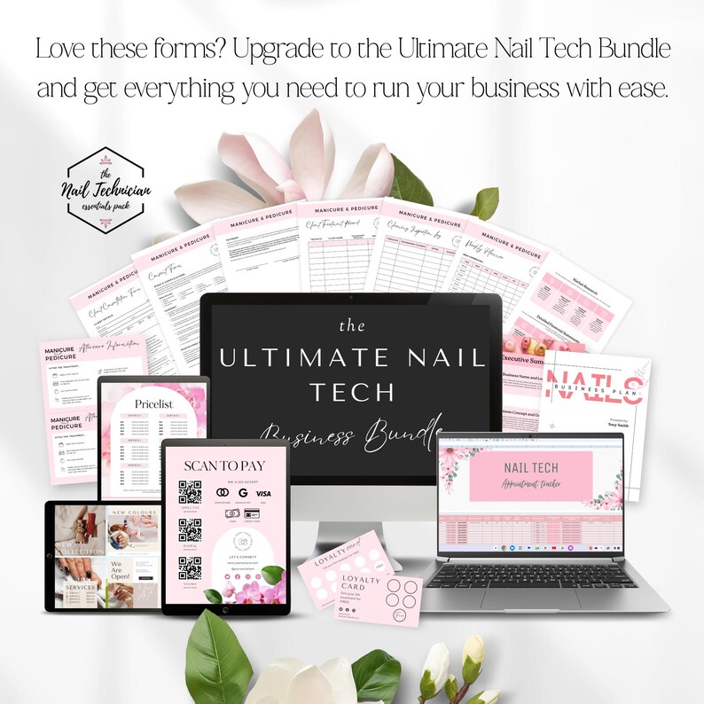 May include: A digital business bundle for nail technicians featuring a computer monitor and laptop displaying the text The Ultimate Nail Tech Business Bundle, surrounded by various printed forms, a scan to pay sign, and loyalty cards in pink and white.