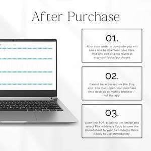 May include: A laptop displaying a spreadsheet with a light blue and white color scheme. The image includes text that says "After Purchase" and instructions on how to download files after purchase.