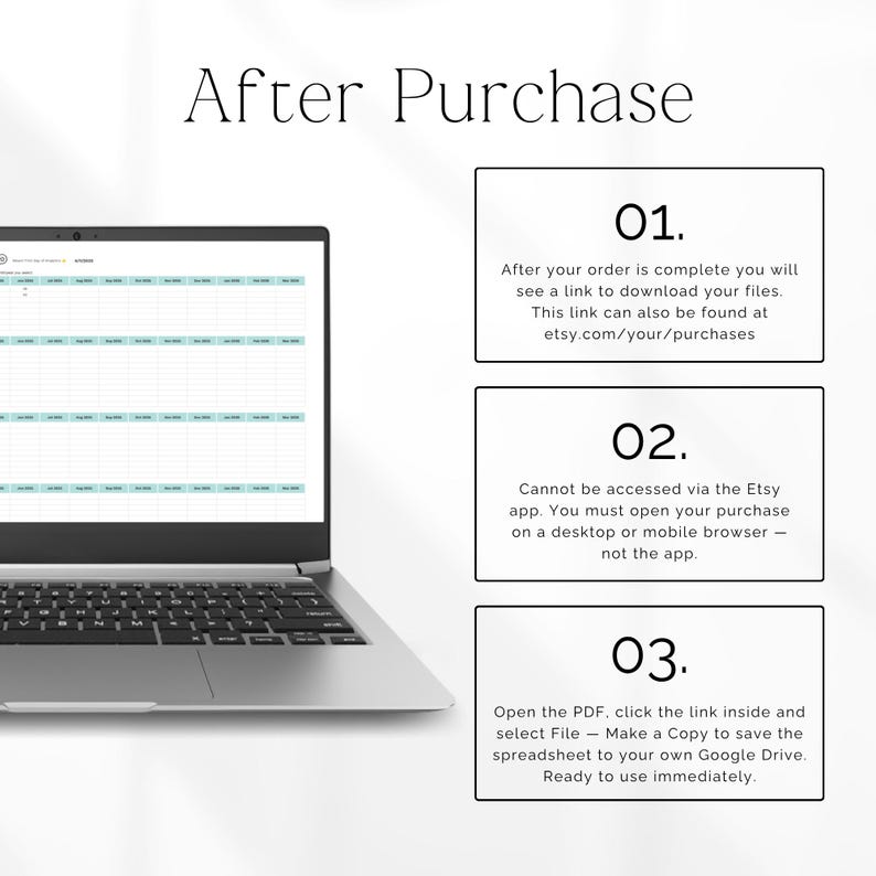 May include: A laptop displaying a spreadsheet with a light blue and white color scheme. The image includes text that says "After Purchase" and instructions on how to download files after purchase.