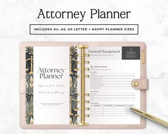 May include: A light pink binder-style Attorney Planner with gold accents, open to display planner pages. The planner includes the text "Attorney Planner" and "Includes A4, A5, US Letter + Happy Planner Sizes."