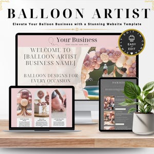 Modello di sito web Canva per Balloon Artist per decorazioni con palloncini, servizi per eventi, pacchetti, galleria, recensioni dei clienti, social e guida alle prenotazioni
