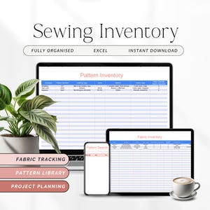 Arkusz kalkulacyjny do inwentaryzacji materiałów do szycia w programie Excel, narzędzie do śledzenia tkanin do szablonu rejestru wzorów do szycia, dziennik zapasów tkanin, zarządzanie małą firmą krawiecką P3