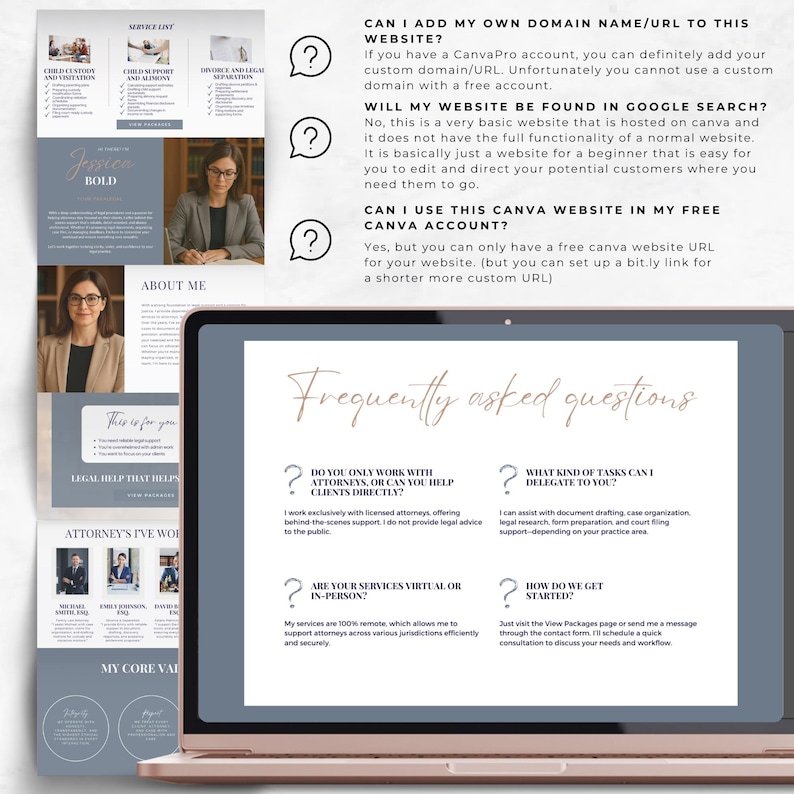 professional law assistant web design

customizable Canva site for legal VAs