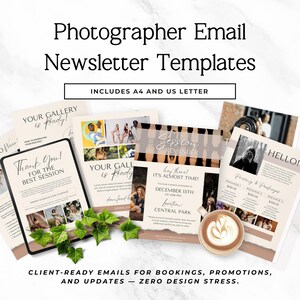 Puede incluir: Una colección de plantillas de boletines informativos por correo electrónico para fotógrafos con varios diseños y texto como Photographer Email Newsletter Templates, Includes A4 and US Letter, Your Gallery is Ready, Thank You, Session Reminder y Hello.