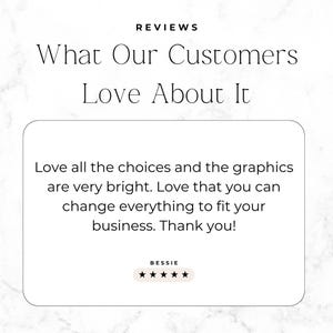 Puede incluir: Un gr&aacute;fico de rese&ntilde;a de cliente con el texto REVIEWS What Our Customers Love About It. El texto dice: Love all the choices and the graphics are very bright. Love that you can change everything to fit your business. Thank you! BESSIE.