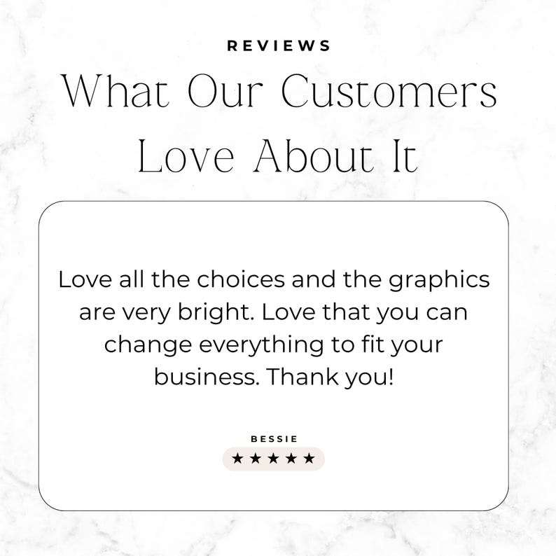 Puede incluir: Un gr&aacute;fico de rese&ntilde;a de cliente con el texto REVIEWS What Our Customers Love About It. El texto dice: Love all the choices and the graphics are very bright. Love that you can change everything to fit your business. Thank you! BESSIE.