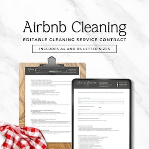 Pu&ograve; includere: Un modello di contratto di servizio di pulizia Airbnb con il testo "Airbnb Cleaning" e "Editable Cleaning Service Contract". Include formati A4 e US Letter. Un appunti e un tablet mostrano i dettagli del contratto.
