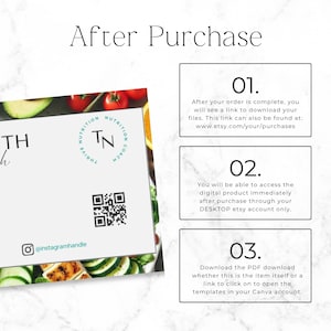 Puede incluir: Un gr&aacute;fico instructivo titulado After Purchase con tres pasos numerados que explican el acceso a archivos digitales. Muestra una tarjeta blanca con un c&oacute;digo QR, el texto Thrive Nutrition Coach y un icono de Instagram sobre un fondo de alimentos.