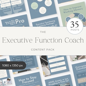 Peut inclure: Un ensemble de contenu numérique avec un schéma de couleurs bleu clair et blanc. Le texte comprend "How to Plan & Prioritize Like a Pro", "Executive Functioning Coaching Packages" et "How to Improve Working Memory". L'image affiche également "35 Posts" et "The Executive Function Coach Content Pack".