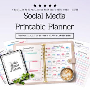 May include: A social media printable planner with a pink binder, gold rings, and various tracking pages. Text includes: A BRILLIANT TOOL FOR ANYONE THAT USES SOCIAL MEDIA - PAIGE, Social Media Printable Planner, INCLUDES A4, A5, US LETTER + HAPPY PLANNER SIZES.