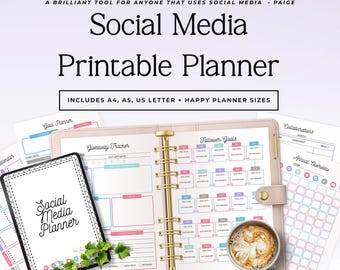 May include: A social media printable planner set featuring a pink binder with gold rings, open to a follower goals page. Includes sheets for giveaway tracking, collaborations, and annual overviews. Text reads: Social Media Printable Planner.