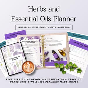 May include: A digital and printable Herbs and Essential Oils Planner featuring a binder with purple floral pages, a tablet displaying the cover, a coffee cup, and essential oil bottles. Includes A4, A5, US Letter, and Happy Planner sizes.