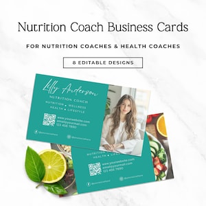 Puede incluir: Dos tarjetas de visita rectangulares para un coach nutricional con fondo verde azulado, una foto de una persona, un c&oacute;digo QR y datos de contacto como sitio web, correo electr&oacute;nico y tel&eacute;fono. El texto dice Nutrition Coach Business Cards.