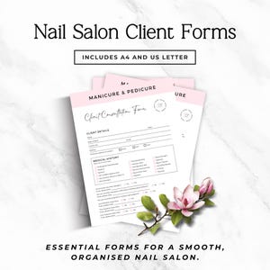May include: A stack of printed nail salon client consultation forms with pink headers, featuring sections for client details and medical history. The text includes "Nail Salon Client Forms", "Manicure & Pedicure", and "Client Consultation Form". A magnolia flower branch is placed on the side.